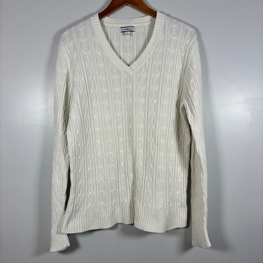 Croft & Barrow Sweater XL White V-Neck Cable Knit Cotton Preppy Coastal Classic